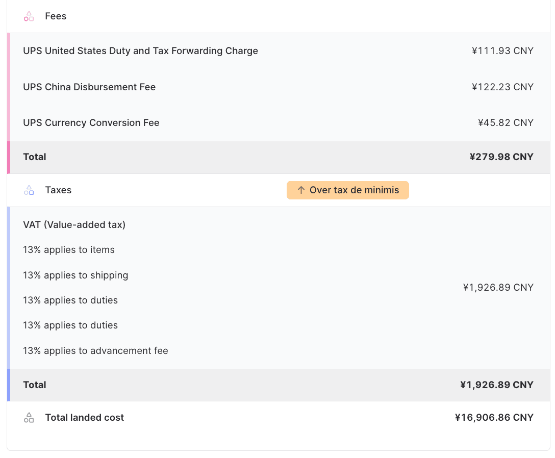 Landed cost の見積もり eコマース出荷（デミニミス以上）