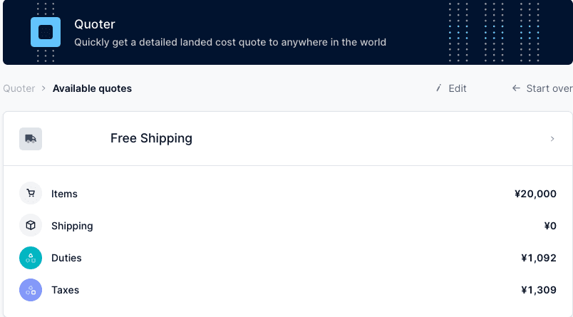 Zonos Quoter sample purchase showing a detailed breakdown of landed
costs.