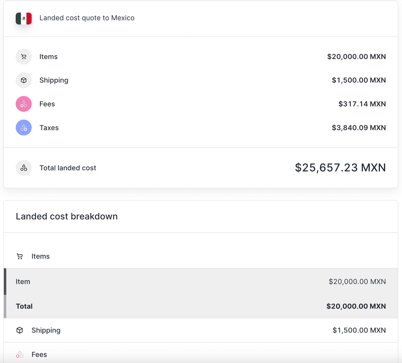 면세 기준 이상의 멕시코로의 배송에 대한 Landed cost 예시