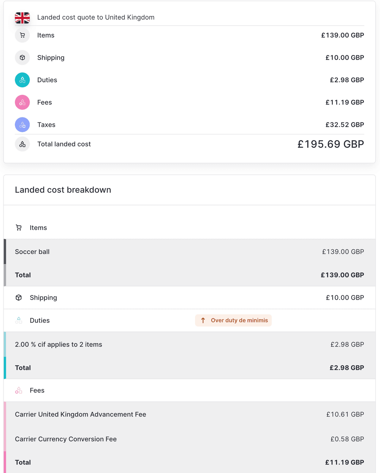 관세 면세 가치 이상의 영국으로의 landed cost 견적