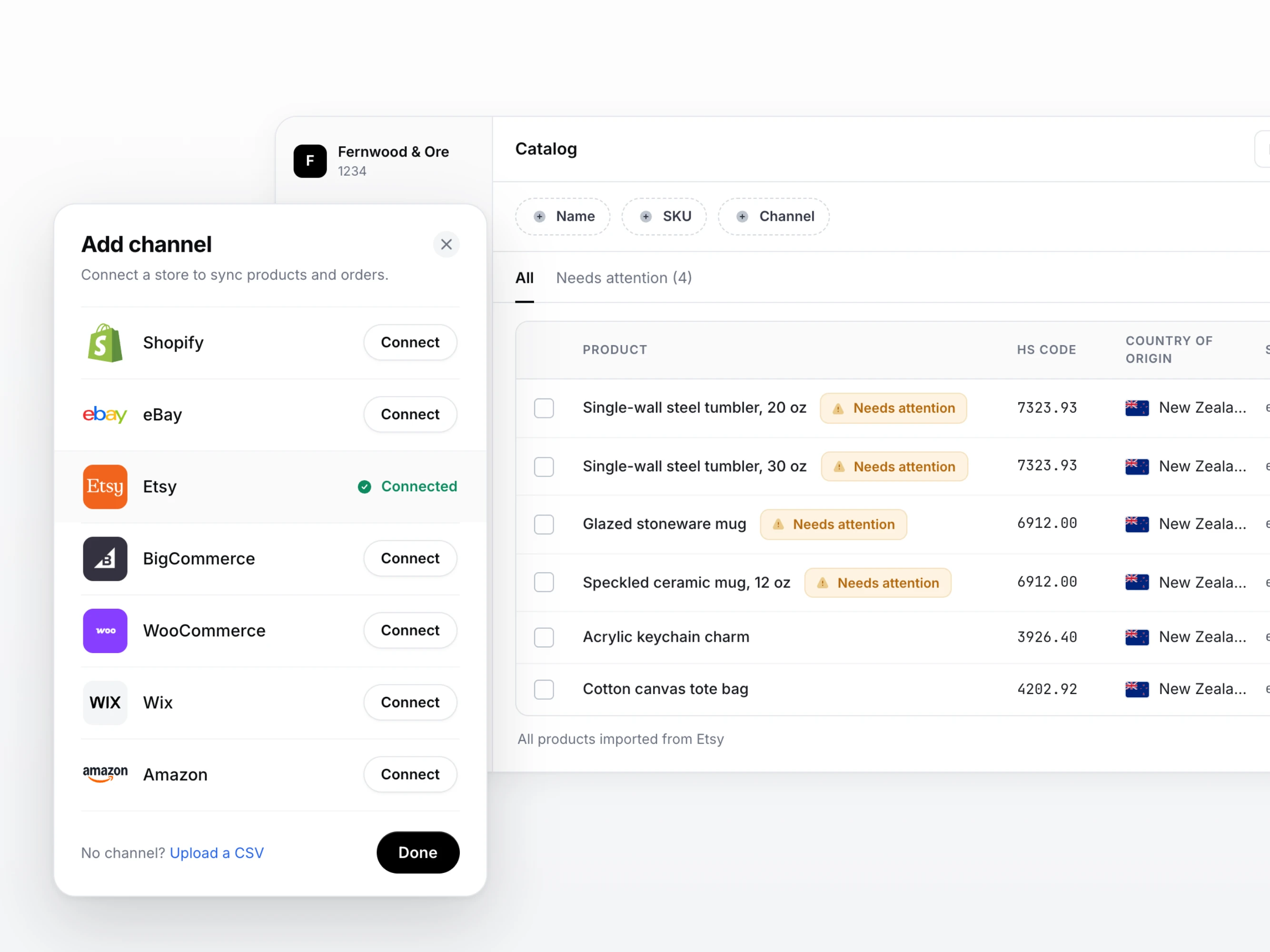 The Add channel dialog in Zonos, with Shopify, eBay, Etsy, BigCommerce, WooCommerce, Wix, and Amazon connections and a CSV upload option, and a synced Catalog behind it