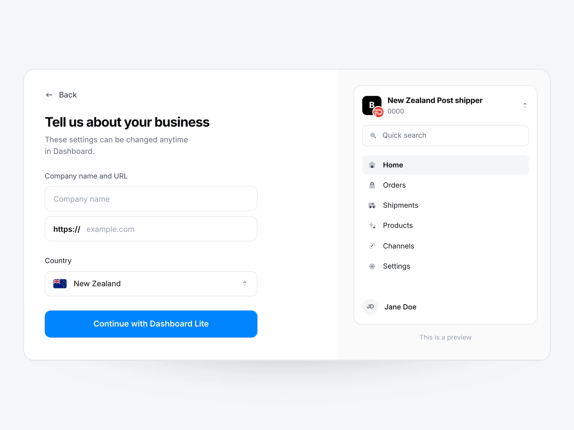 The Zonos business details form, with an NZ Post shipper account in Zonos Dashboard alongside it