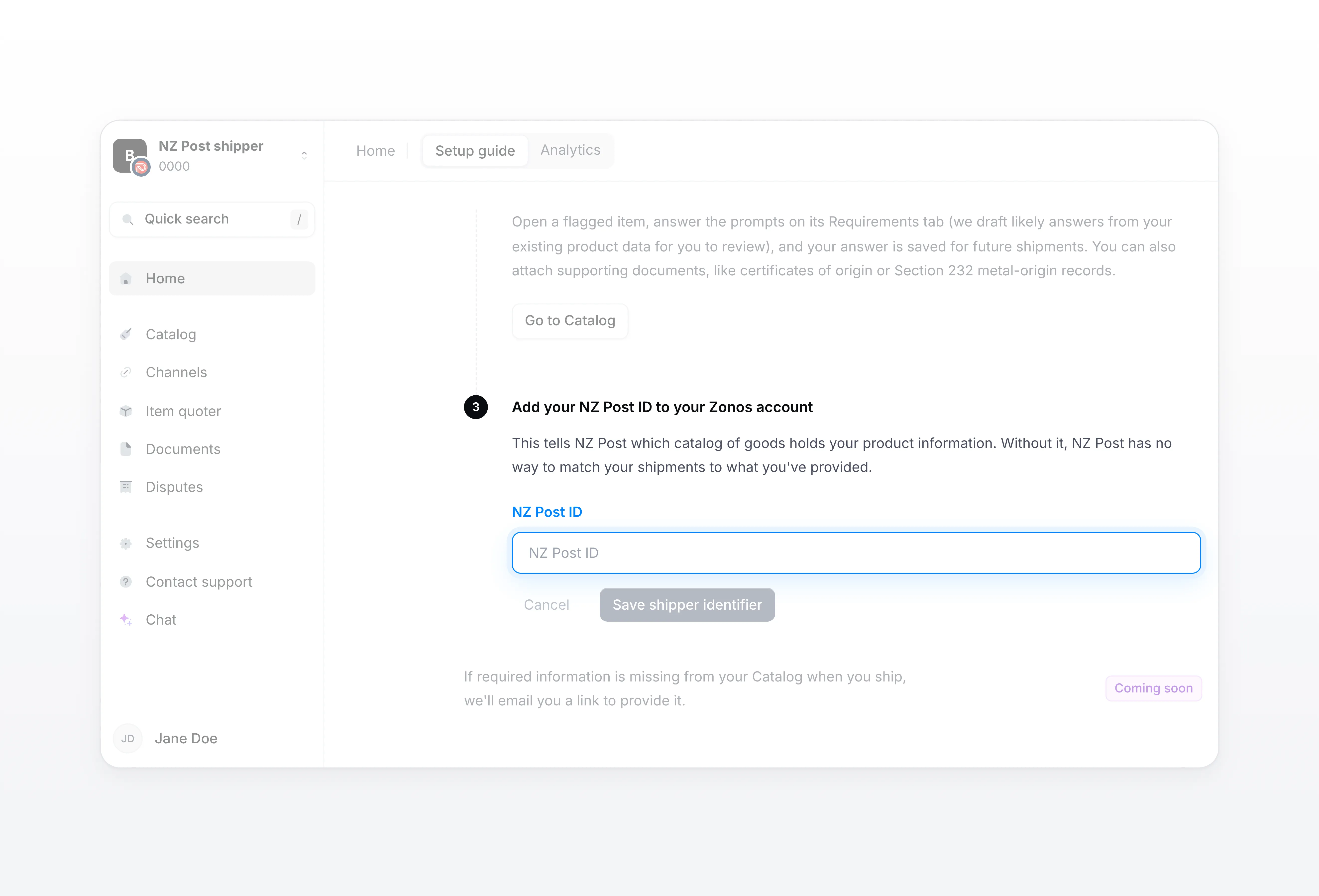 The Zonos Dashboard setup guide, with the Add your NZ Post ID to your Zonos account step and an NZ Post ID field
