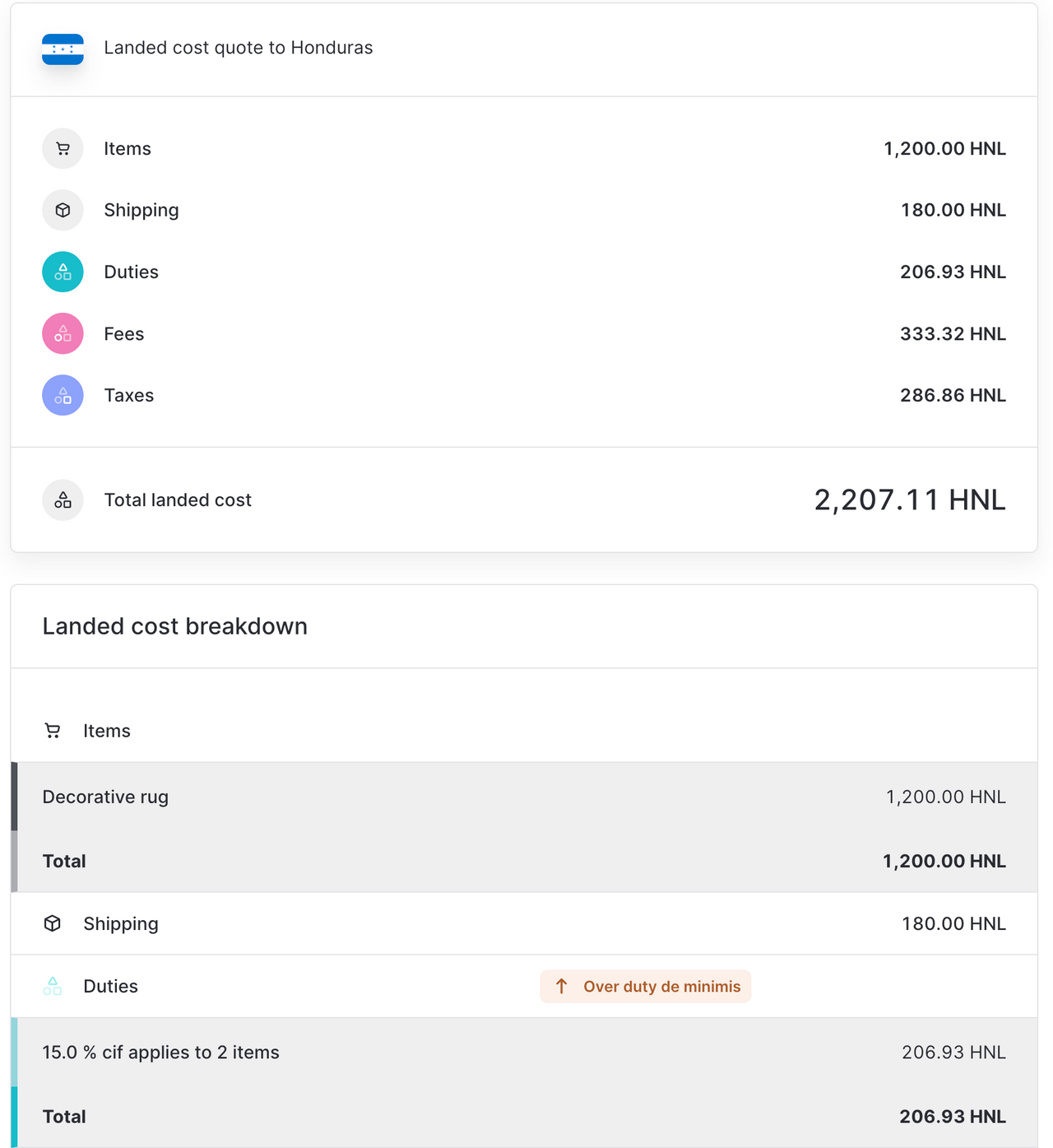 Honduras landed cost quote over de
minimis