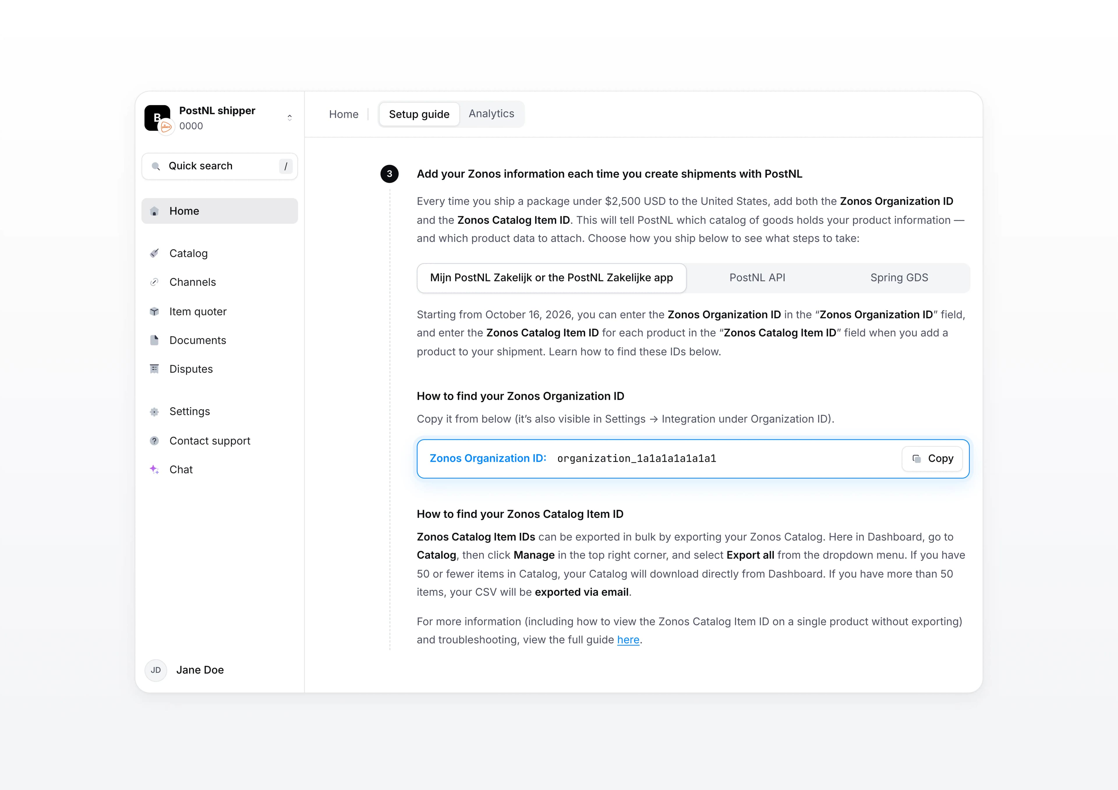 The Zonos Dashboard setup guide step for adding your Zonos information to PostNL shipments, with tabs for each way you ship and a copyable Zonos Organization ID