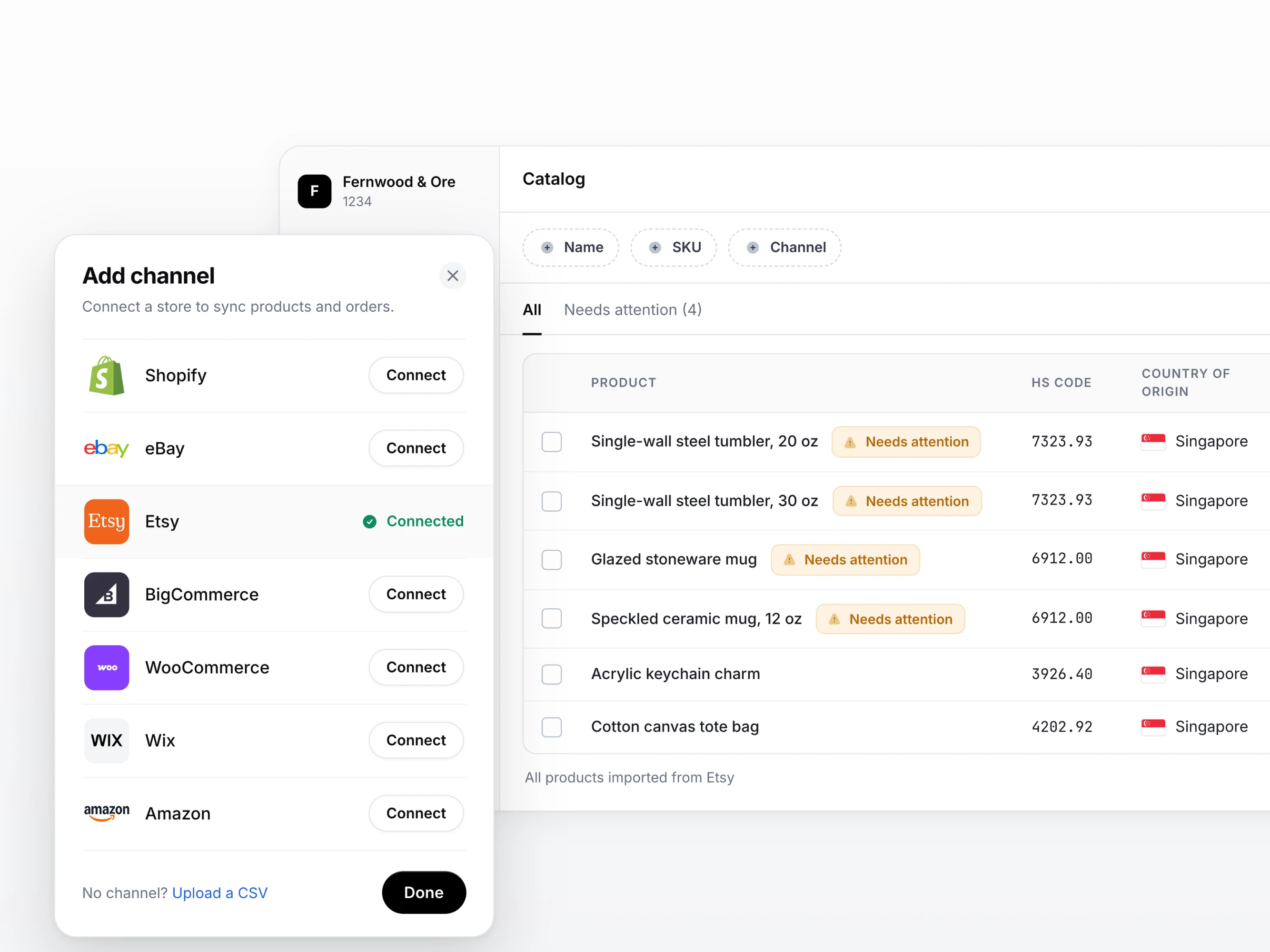 The Add channel dialog in Zonos, with Shopify, eBay, Etsy, BigCommerce, WooCommerce, Wix, and Amazon connections and a CSV upload option, and a synced Catalog behind it