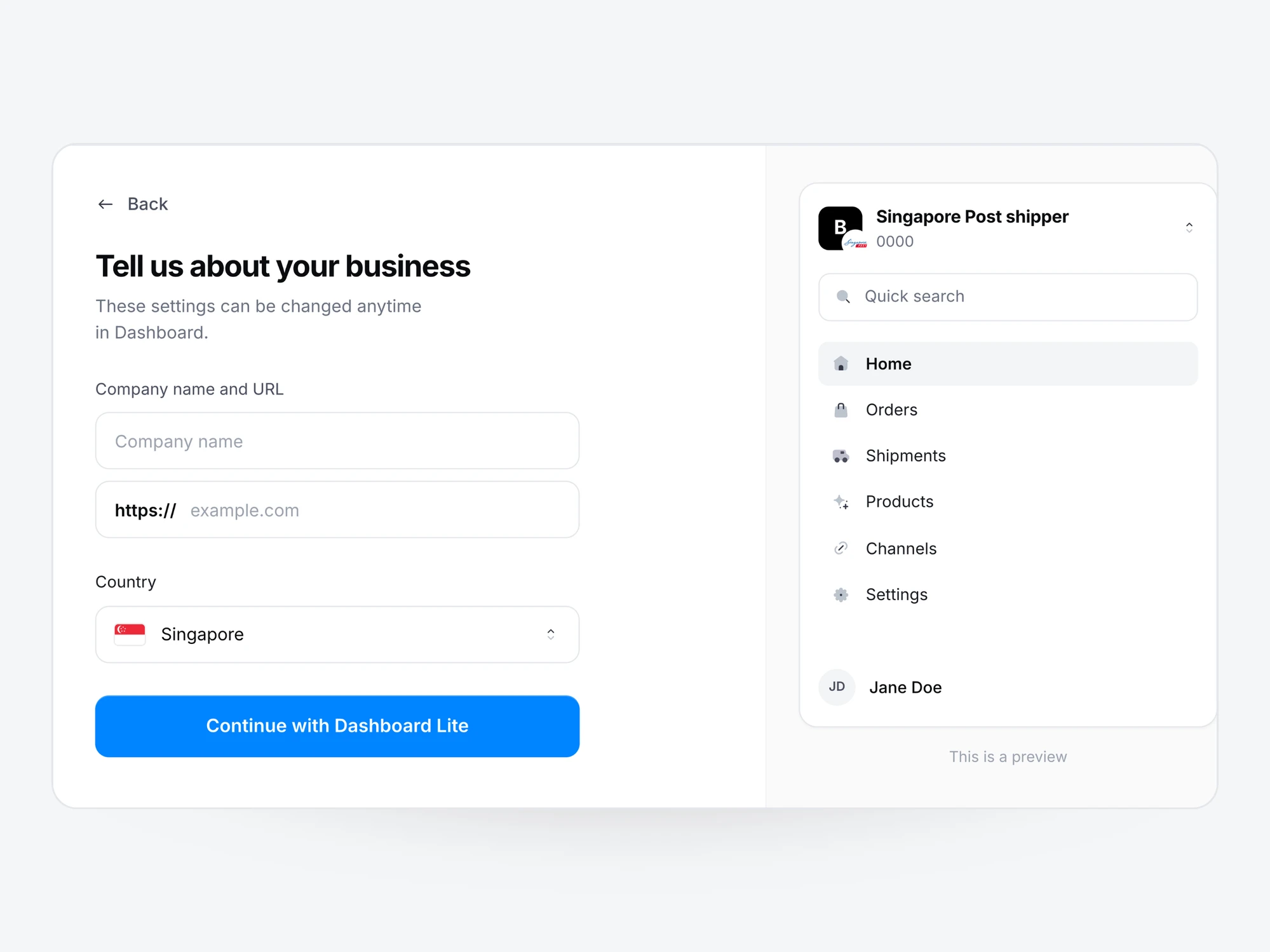 The Zonos business details form, with a SingPost shipper account in Zonos Dashboard alongside it