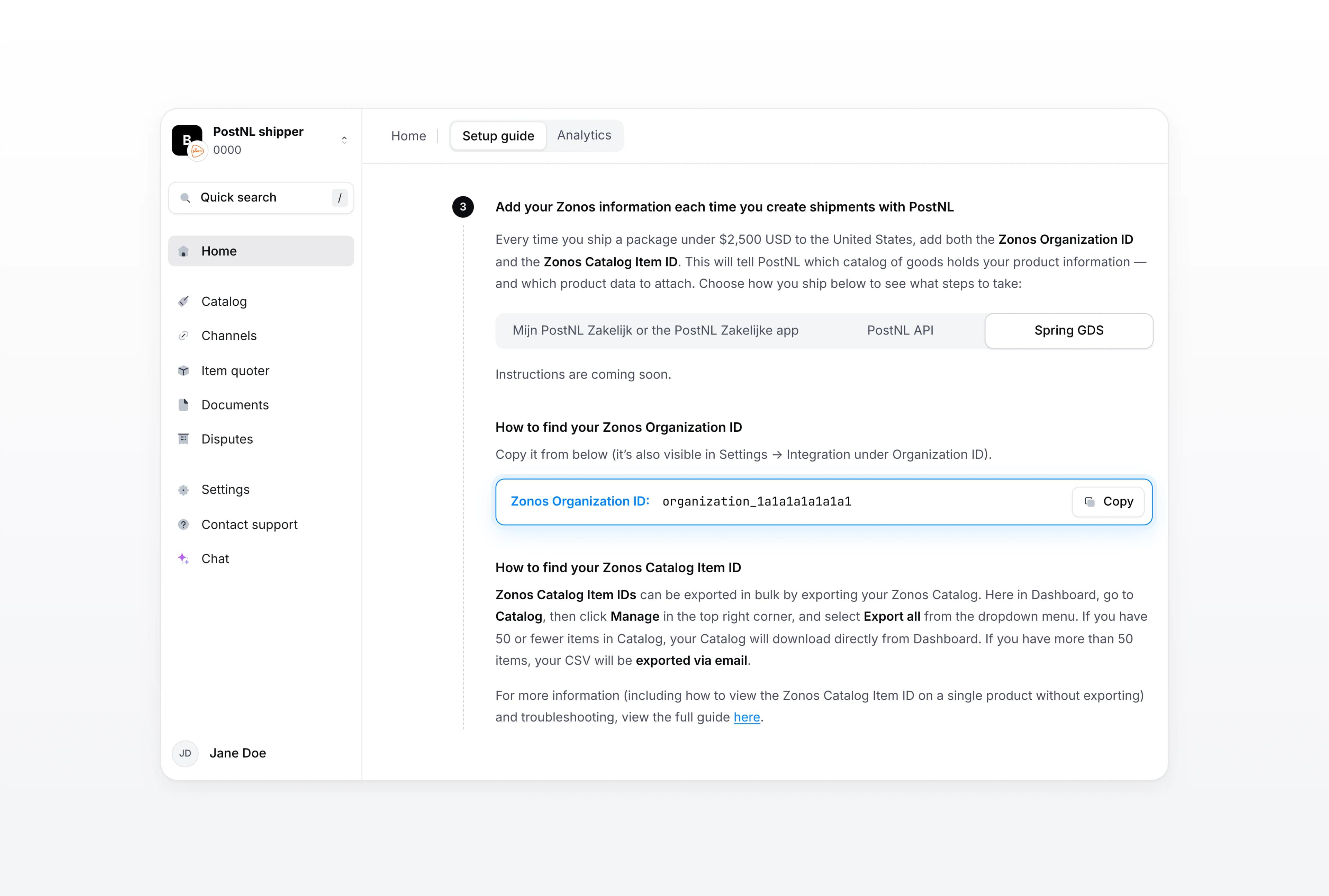 The Zonos Dashboard setup guide step for adding your Zonos information, with the Spring GDS tab selected and a copyable Zonos Organization ID