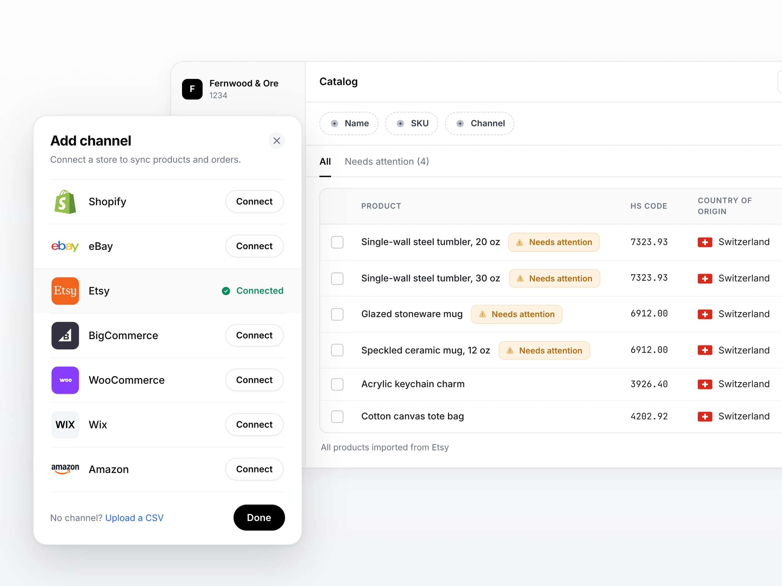 The Add channel dialog in Zonos, with Shopify, eBay, Etsy, BigCommerce, WooCommerce, Wix, and Amazon connections and a CSV upload option, and a synced Catalog behind it