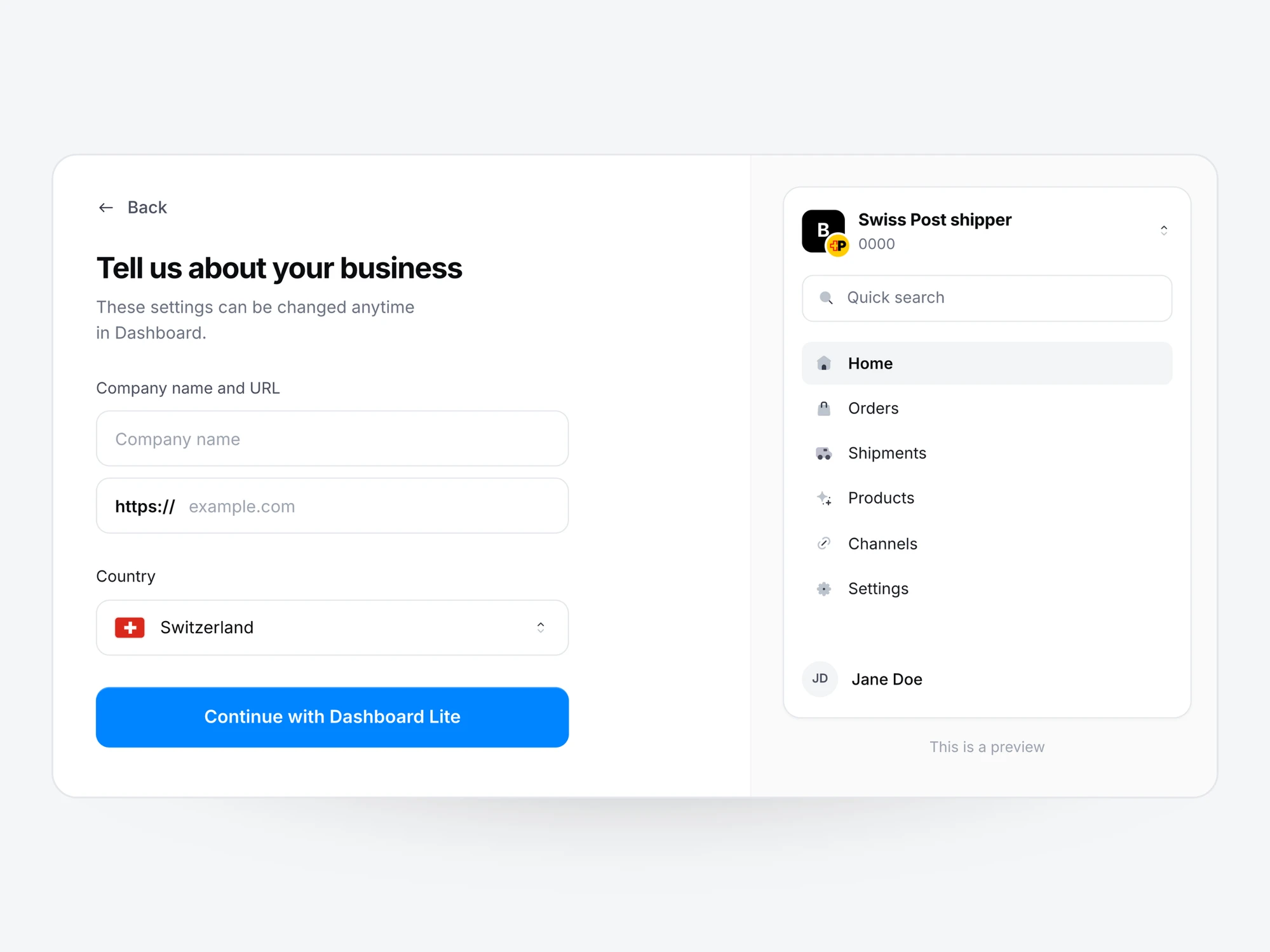 The Zonos business details form, with a Swiss Post shipper account in Zonos Dashboard alongside it