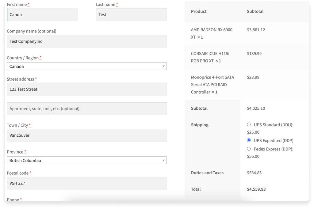 WooCommerce商店显示关税和税收的示例。