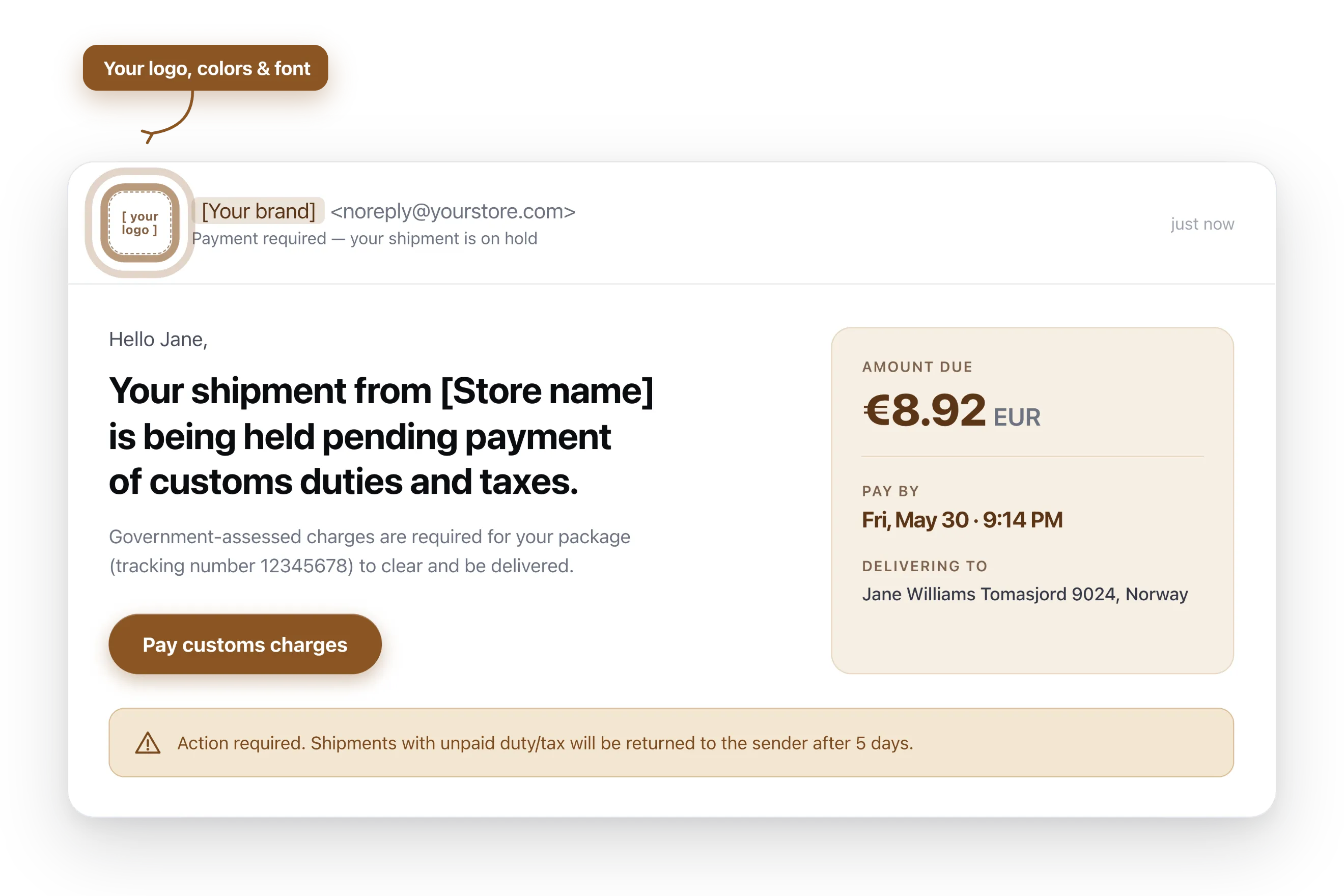 Animated example of a Collect payment notification email rebranded with the merchant's logo, colors, and font
