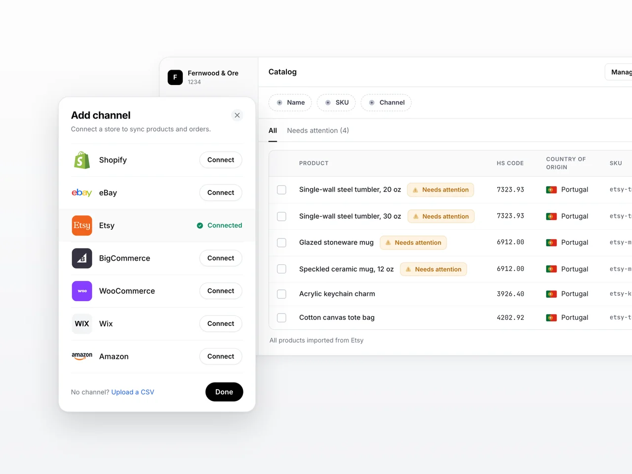 The Add channel dialog in Zonos, with Shopify, eBay, Etsy, BigCommerce, WooCommerce, Wix, and Amazon connections and a CSV upload option, and a synced Catalog behind it