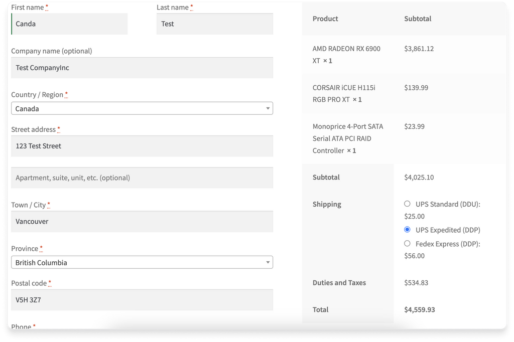 Example of a WooCommerce store showing duties and taxes in
action.