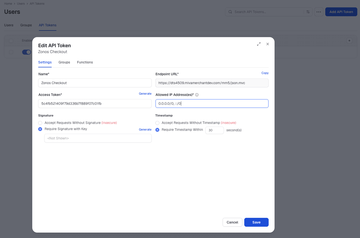 Create API Token-skjermbildet i Miva-administrasjonen
