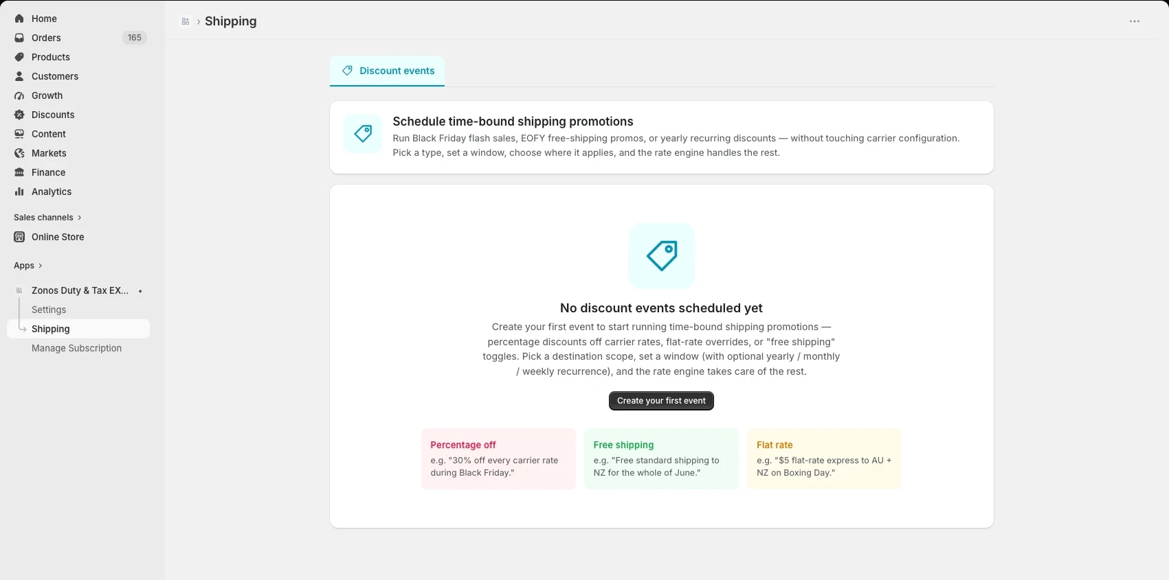 Empty-state view before any events are scheduled