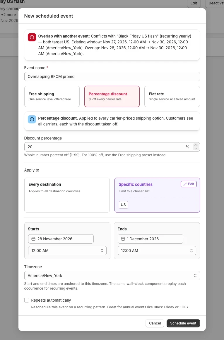 Overlap error message inside the modal when the dates clash with an existing event