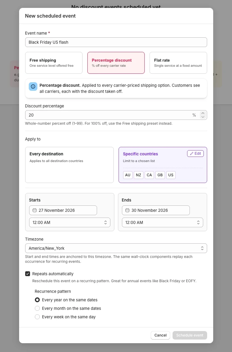 Repeats automatically checkbox on with the pattern options