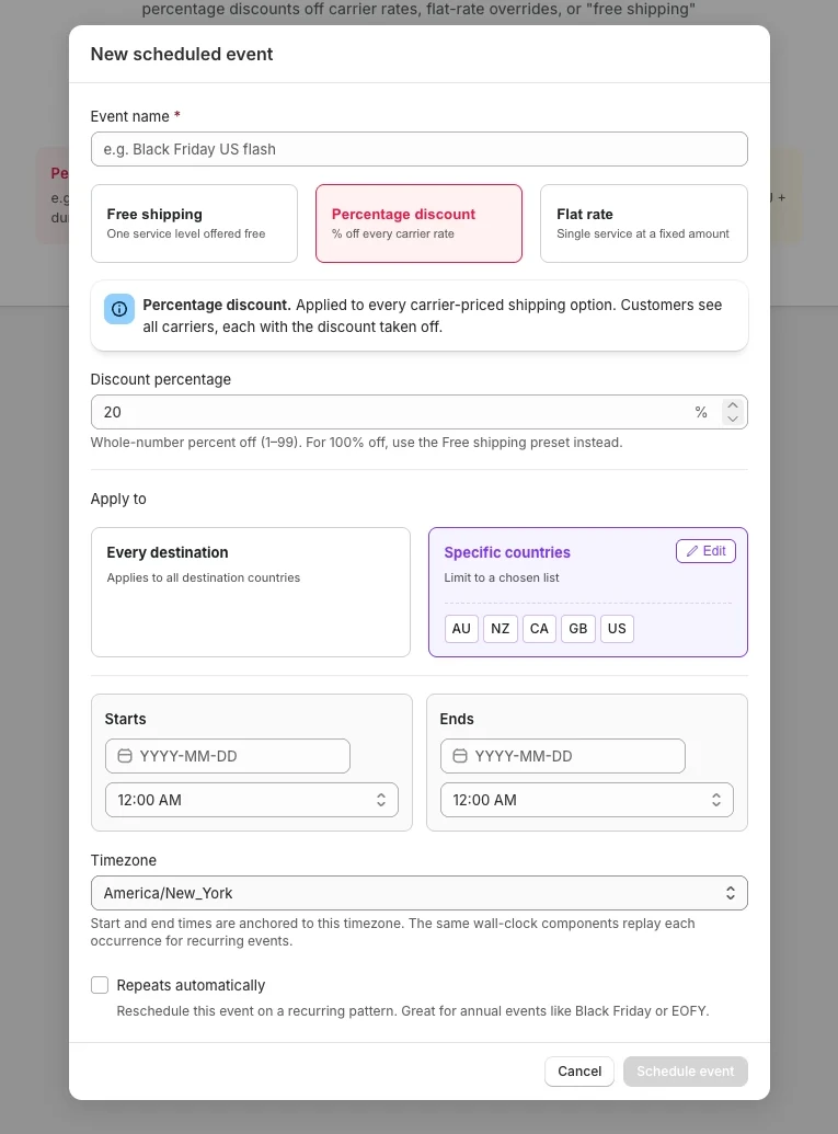 Specific countries area with country tags and an Edit button