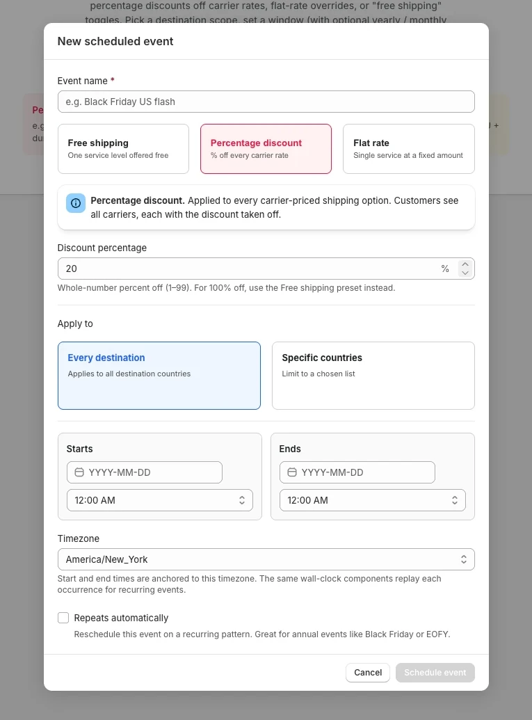 The three discount types at the top of the new event modal