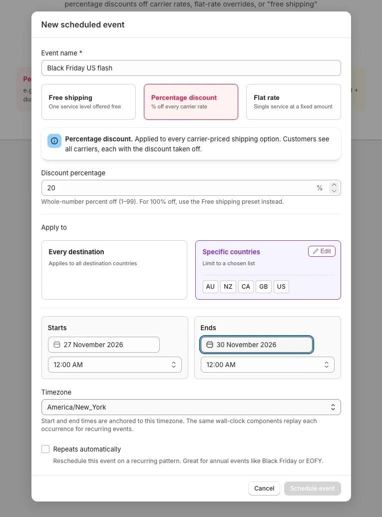 Start/end date fields with the timezone dropdown