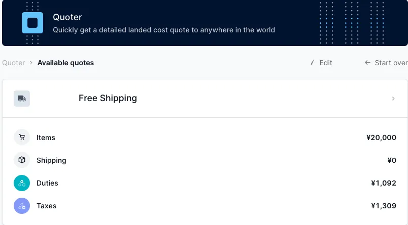 Ejemplo de compra con Zonos Quoter mostrando un desglose detallado de los costos de landed
costs.