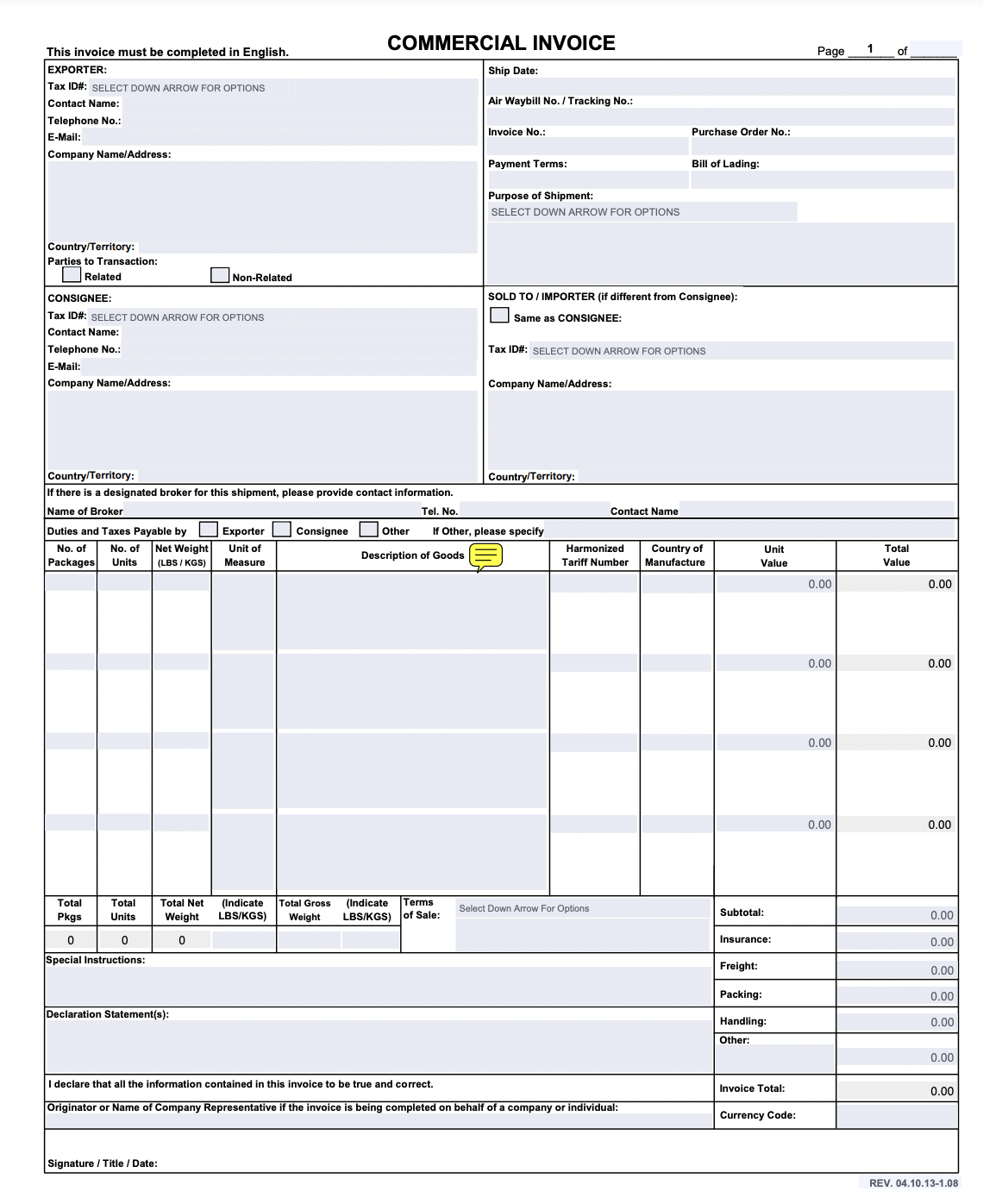 Commercial invoice example for the customs clearance
process.