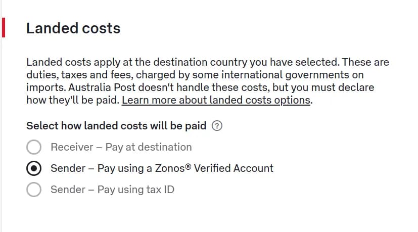 "Sender – Pay using a Zonos Verified Account"가 선택된 Australia Post landed cost 옵션