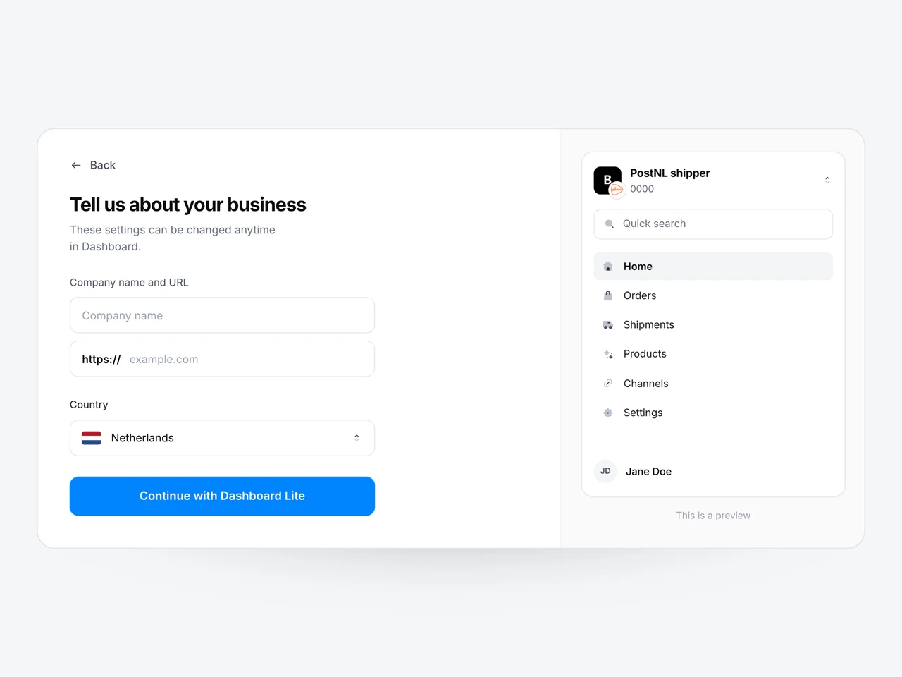 The Zonos business details form, with a PostNL shipper account in Zonos Dashboard alongside it