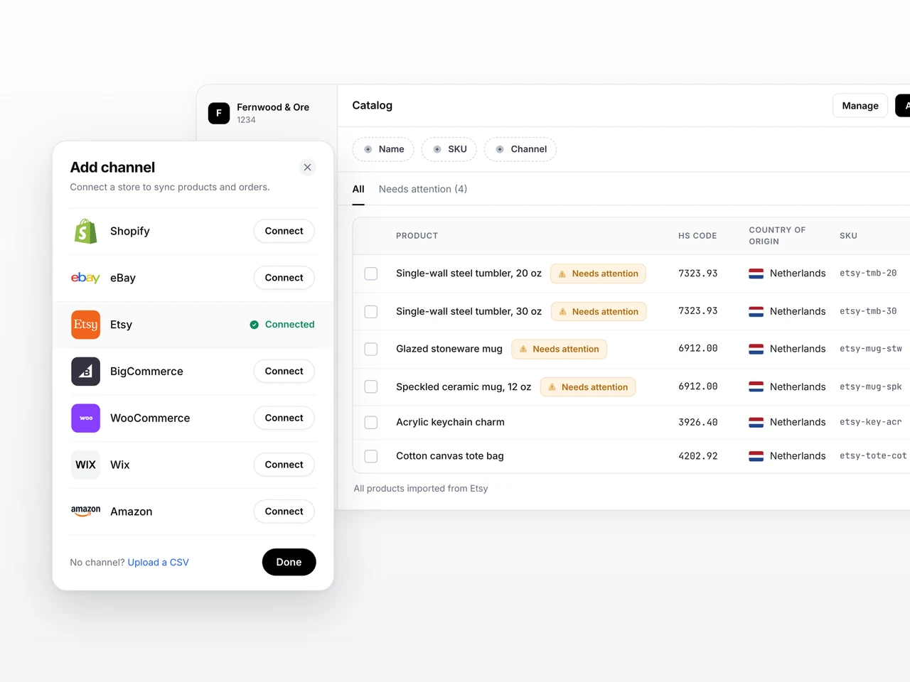 The Add channel dialog in Zonos, with Shopify, eBay, Etsy, BigCommerce, WooCommerce, Wix, and Amazon connections and a CSV upload option, and a synced Catalog behind it